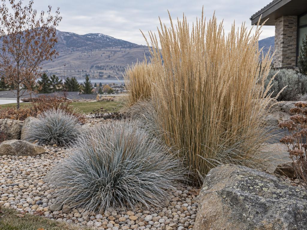 Ornamental grasses left standing in a xeriscape rock bed for winter, fall clean up in the South Okanagan