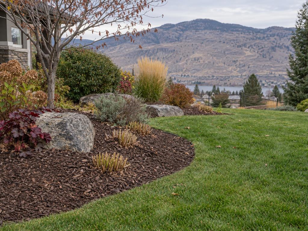 Perennials cut back and mulched during a fall clean up in Oliver BC
