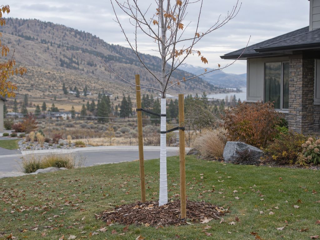 Young tree trunk wrapped and staked for winter in a Penticton yard